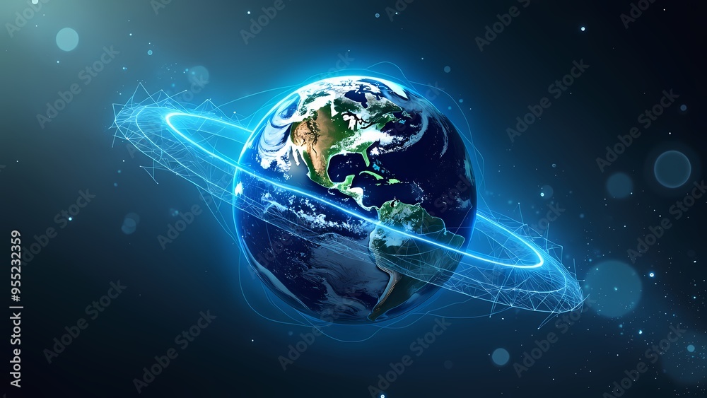 Fototapeta premium High-Tech Globe with Bright Blue Connections in Deep Space