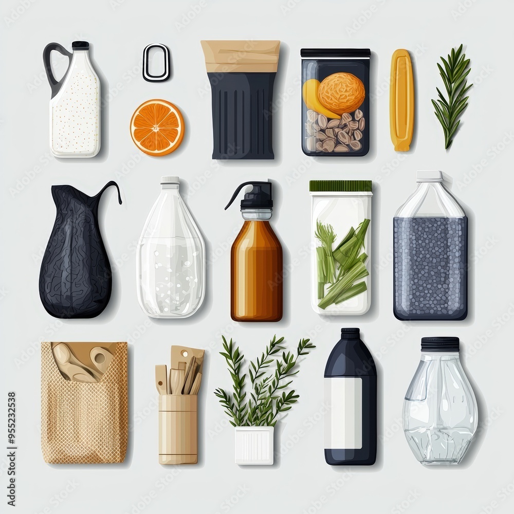 Obraz premium A collection of various food and drink containers arranged aesthetically on a light surface, showcasing modern packaging design.