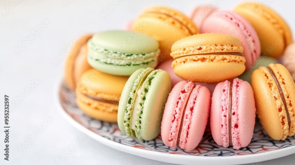 Fototapeta premium colorful macarons arranged beautifully on a plate, perfect for dessert lovers and food photography.