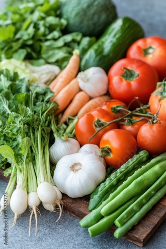 A vibrant assortment of fresh vegetables including tomatoes, garlic, carrots, and cucumbers, perfect for healthy meals and recipes.