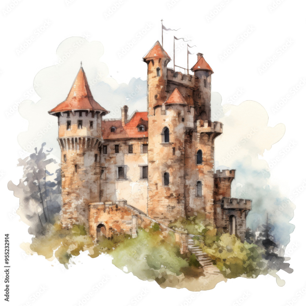 Watercolor Painting of a Stone Castle with Red Roofs and a Winding Stairway Watercolor Painting of a Stone Castle with Red Roofs and a Winding Stairway