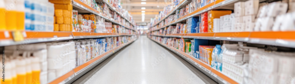 A wide view of a well-organized aisle in a retail store Blurred image, showcasing neatly arranged products on shelves. A wide view of a well-organized aisle in a retail store Blurred image, showcasing neatly arranged products on shelves.