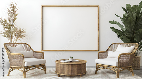 Modern Living Room with Rattan Chairs and a Large Wooden Frame photo