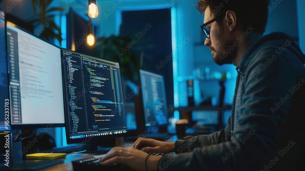 software developer coding on computer in modern office technology and programming concept software developer coding on computer in modern office technology and programming concept