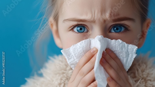 A young girl with blue eyes and a worried expression holds a tissue, depicting emotion and sensitivity to illness or allergies.