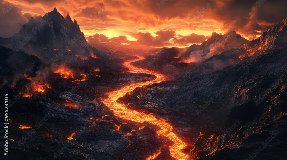 Fototapeta premium Fiery River: A Volcanic Wasteland in Fantasy Art 1
