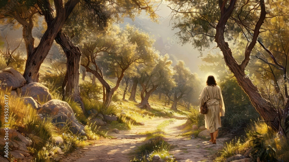 solitary figure of jesus walking on an ancient stone path surrounded by olive trees and bathed in soft divine light solitary figure of jesus walking on an ancient stone path surrounded by olive trees and bathed in soft divine light