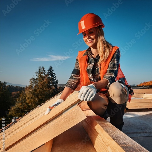 roofer ,carpenter working on roof structure at construction site