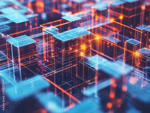 Abstract glowing cube arrangement creating a vibrant tech landscape, showcasing digital innovation and futuristic design elements.