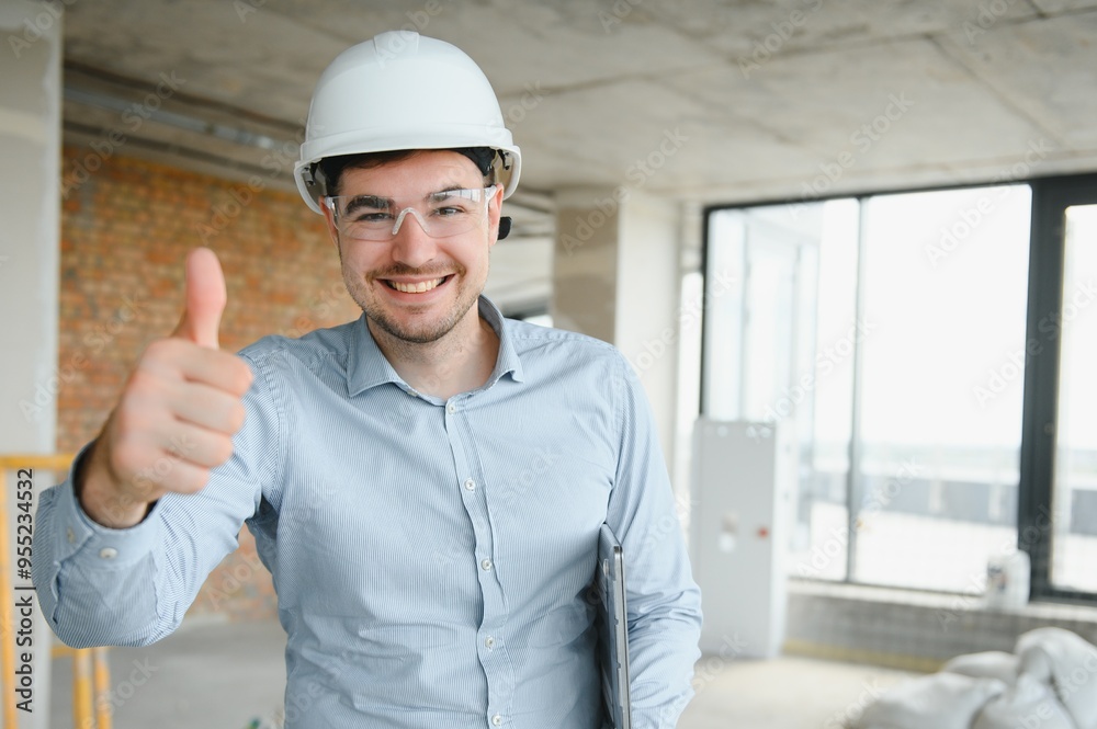 Businessman standing in building in construction process Businessman standing in building in construction process