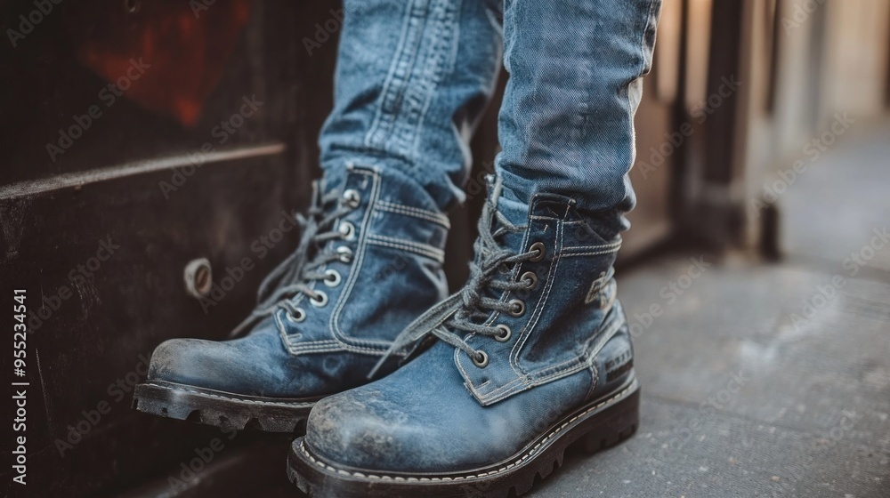 Close-up of Denim Boots on a Concrete Surface Close-up of Denim Boots on a Concrete Surface
