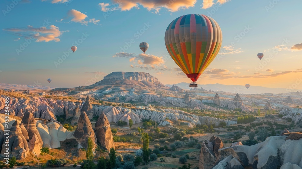 A vibrant image of colorful hot air balloons flying over rocky mountains in a clear blue sky at sunset, A vibrant image of colorful hot air balloons flying over rocky mountains in a clear blue sky at sunset,