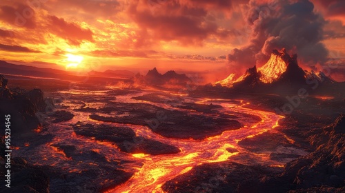 Fiery River of Lava: A Volcanic Wasteland Fantasy Landscape