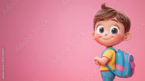 Cheerful young student exploring with backpack on pink background