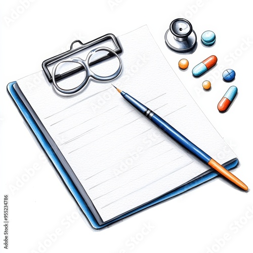 A medical notepad with a pen, eyeglasses, and assorted pills, ideal for healthcare and medication-related themes. photo