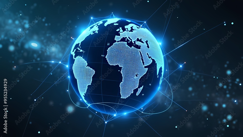 Tech-Inspired Digital Globe with Blue Lines on Dark Background Tech-Inspired Digital Globe with Blue Lines on Dark Background