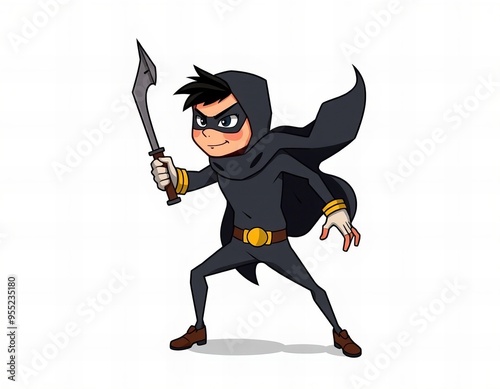 cartoon illustration of a man in a black costume holding a sword. photo