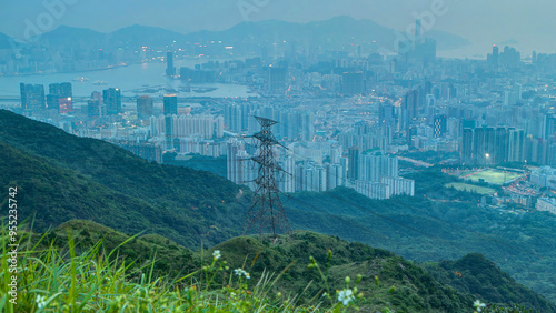 Day to night timelapse from Fei ngo shan Kowloon Peak night Hong Kong cityscape skyline. photo