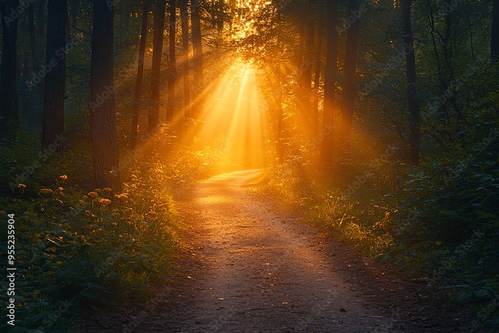 Obraz premium A serene forest path illuminated by golden sunlight, creating a peaceful atmosphere perfect for nature lovers and adventurers.