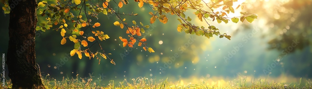 A serene landscape featuring a vibrant tree with autumn leaves, glowing softly in the warm sunlight, evoking peace and tranquility. A serene landscape featuring a vibrant tree with autumn leaves, glowing softly in the warm sunlight, evoking peace and tranquility.