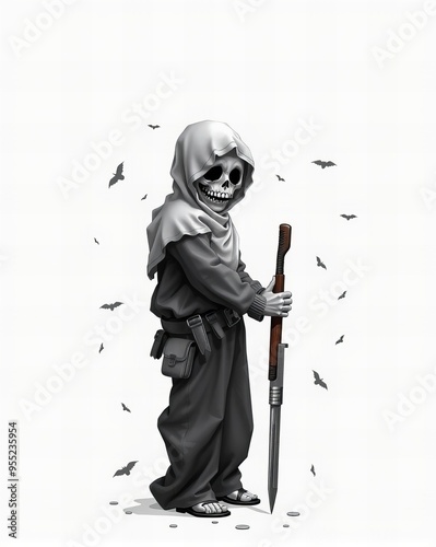  skeleton with a scyther and a sword in a white background. photo