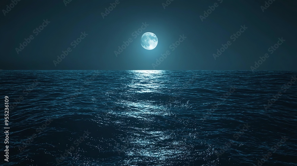 A serene night scene with a glowing moon reflecting on calm ocean waters, creating a peaceful and tranquil atmosphere. A serene night scene with a glowing moon reflecting on calm ocean waters, creating a peaceful and tranquil atmosphere.