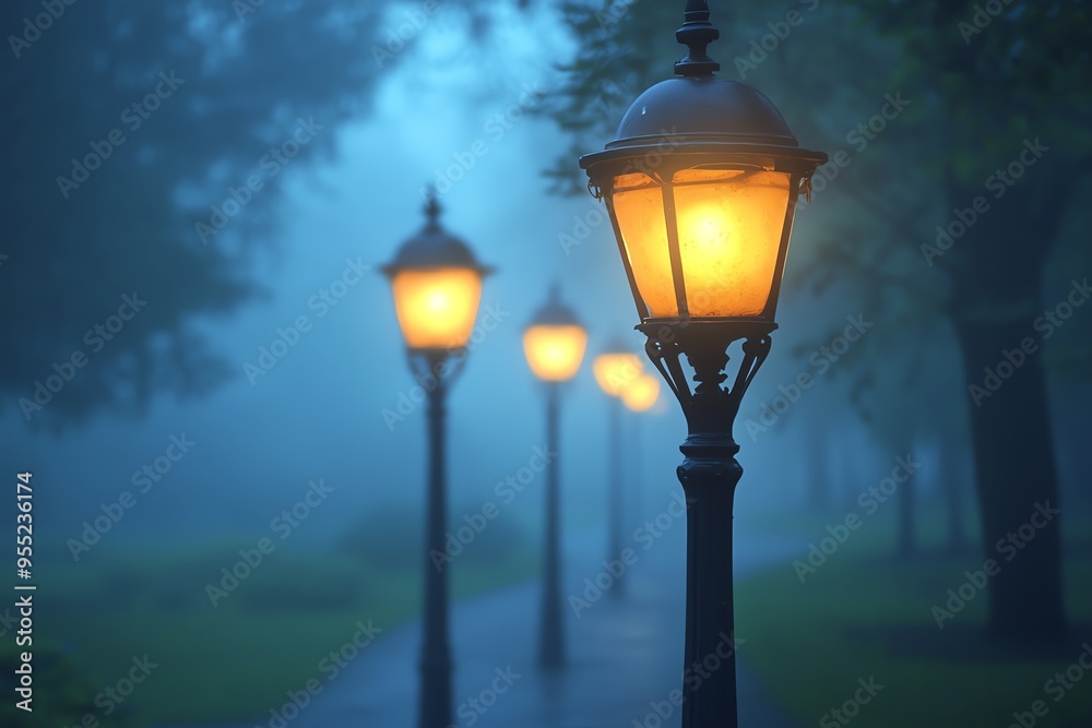 A serene scene of glowing street lamps illuminating a foggy path, creating a tranquil atmosphere for evening strolls. A serene scene of glowing street lamps illuminating a foggy path, creating a tranquil atmosphere for evening strolls.