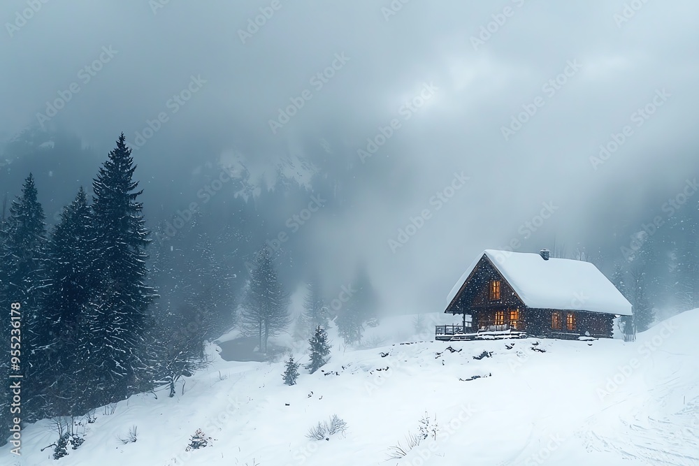 A serene snow-covered cabin surrounded by foggy mountains, creating a tranquil winter landscape atmosphere. A serene snow-covered cabin surrounded by foggy mountains, creating a tranquil winter landscape atmosphere.