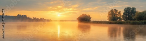 A serene sunrise over a misty river, with vibrant colors reflecting on the water surface, creating a peaceful atmosphere.