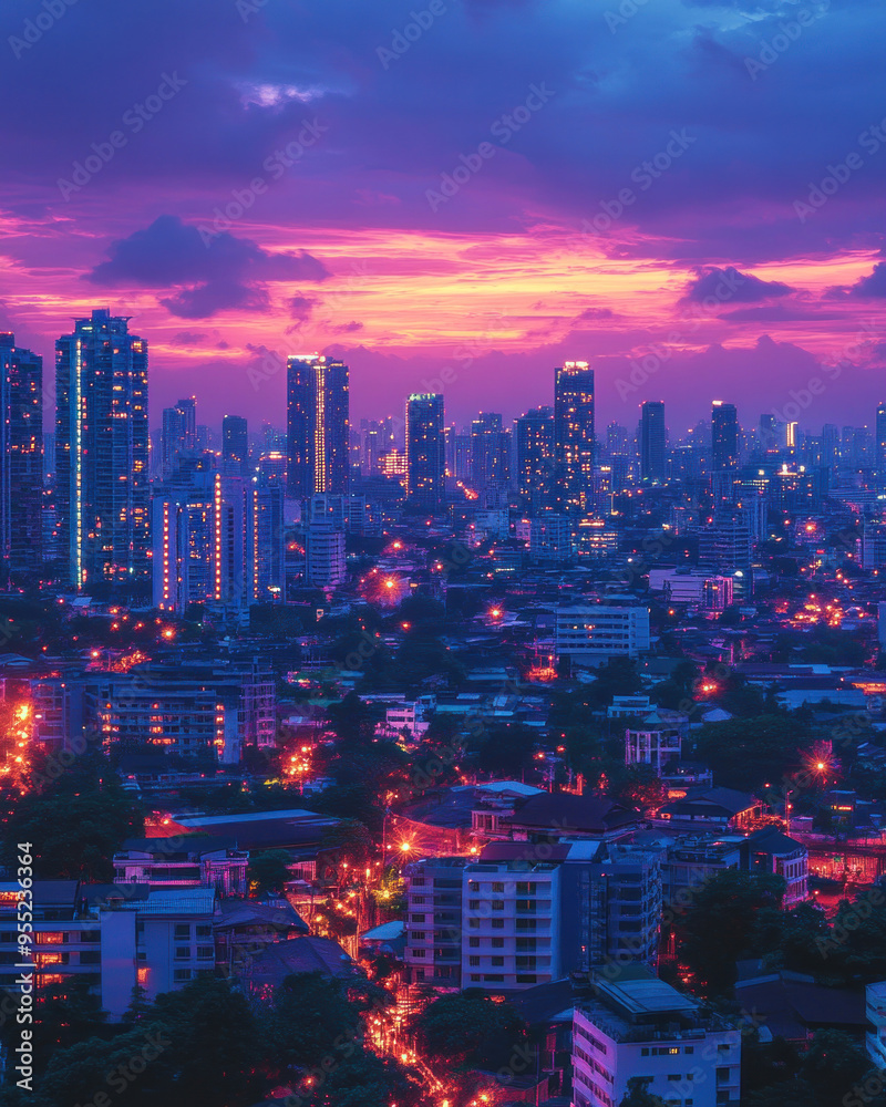 A dynamic view of Bangkok skyline at dusk, with the city tallest buildings illuminated against a purple sky, A dynamic view of Bangkok skyline at dusk, with the city tallest buildings illuminated against a purple sky,