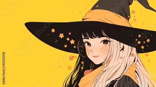 Cute and beautiful witch on pastel yellow background, anime style photo