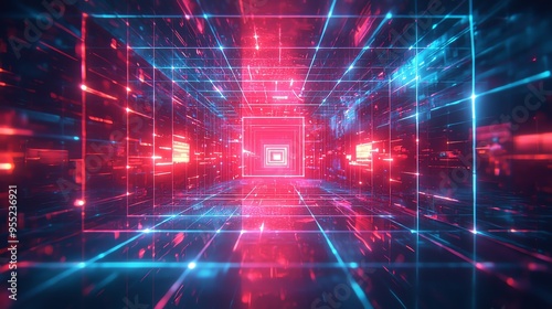 A vibrant, digital tunnel featuring glowing red and blue lights, symbolizing futuristic technology and electronic connectivity.