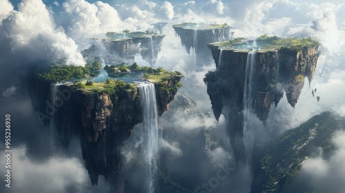 Ethereal Fantasy Landscape: Floating Islands and Cascading Waterfalls