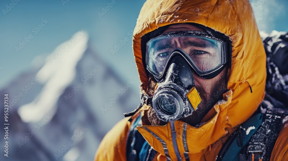 Mountaineer Ascending Snowy Peak in Extreme Cold Weather Conditions