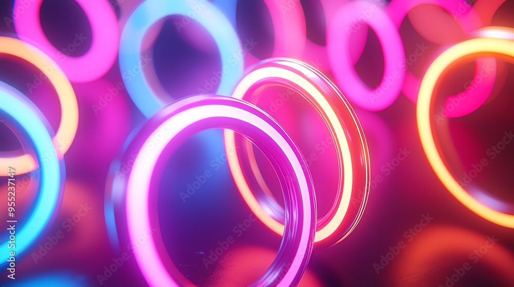 A vibrant composition of glowing rings in neon colors creates a stunning visual effect, perfect for modern technology themes. A vibrant composition of glowing rings in neon colors creates a stunning visual effect, perfect for modern technology themes.