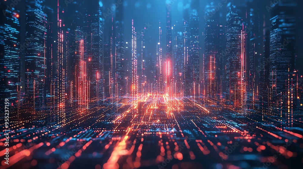 Obraz premium A vibrant digital landscape showcasing advanced technology with glowing data streams and towering structures, perfect for futuristic themes.