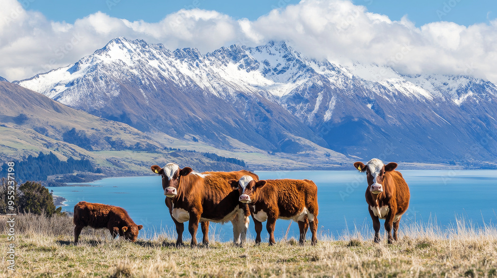 Obraz premium Brown cow and calves with snow capped Southern Alps across Lake Ohau background in South Island New Zealand.