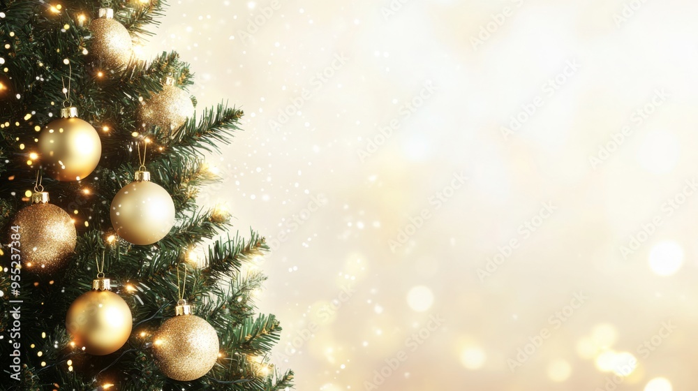 Christmas Tree With Golden Baubles And Shiny Lights In white Background Christmas Tree With Golden Baubles And Shiny Lights In white Background
