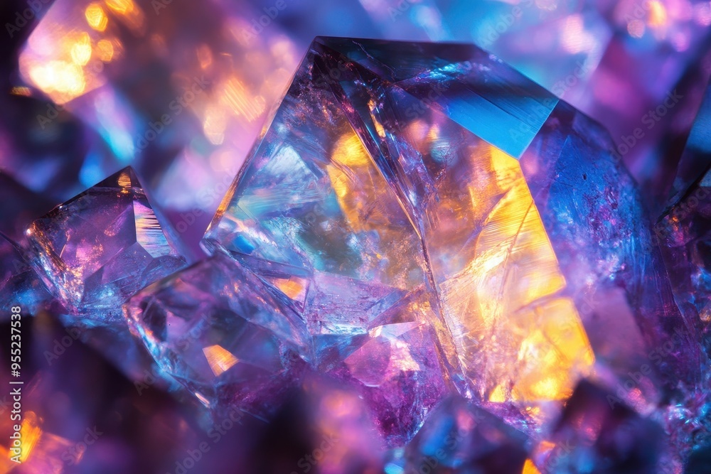 Glowing Crystal Patterns Close-up with Prismatic Light Effects