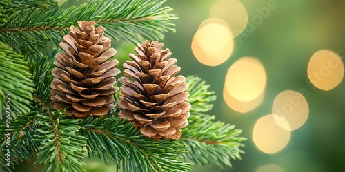 Two pine cones on a pine tree with a green background