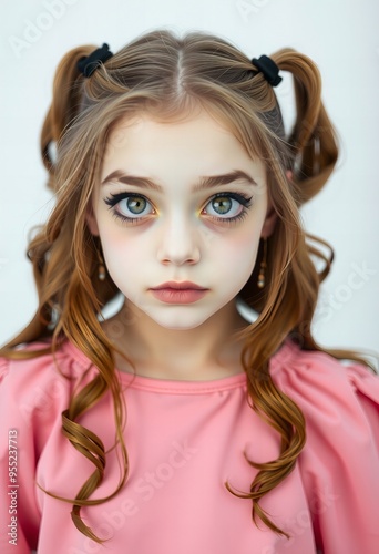 a close up of a young girl with long hair and a pink shirt.