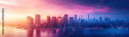 Breathtaking city skyline at sunset with vibrant colors reflecting on the water, showcasing urban beauty and modern architecture.