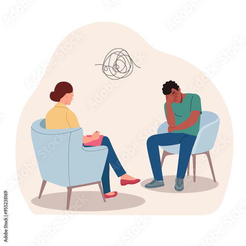 Sad man talking with psychologist on the chairs. Psychological consultation. Vector flat style illustration