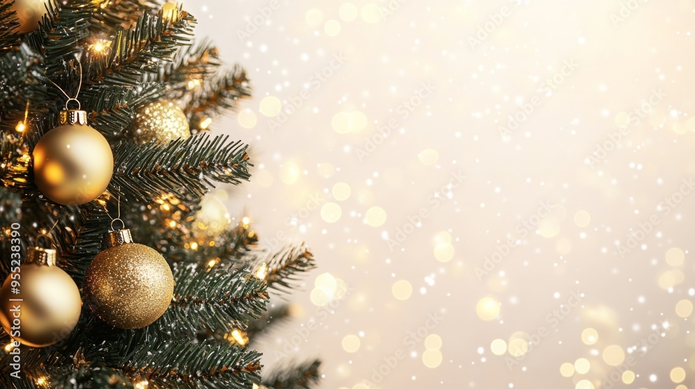 Obraz premium Christmas Tree With Golden Baubles And Shiny Lights In white Background