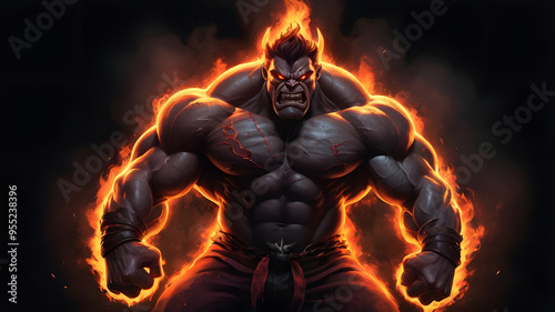Fierce Infernal Demon with Crossed Arms in a Dark, Smoky Setting, Radiating Intense Focus and Energy