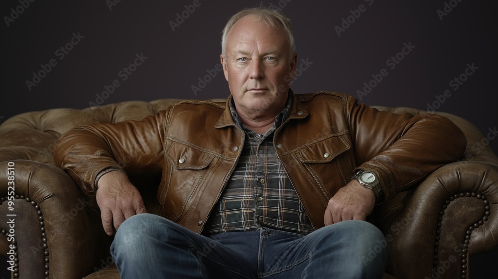 A man in a brown leather jacket sits on a couch. He is wearing a watch and has a beard A man in a brown leather jacket sits on a couch. He is wearing a watch and has a beard