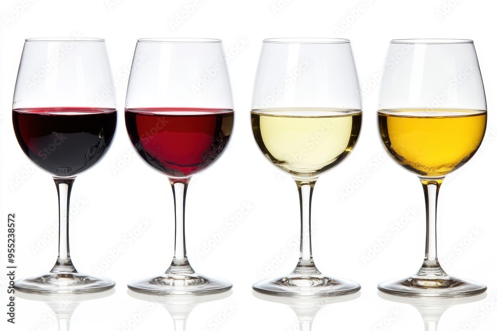 Four wine glasses featuring red and white varieties, on a plain background Four wine glasses featuring red and white varieties, on a plain background