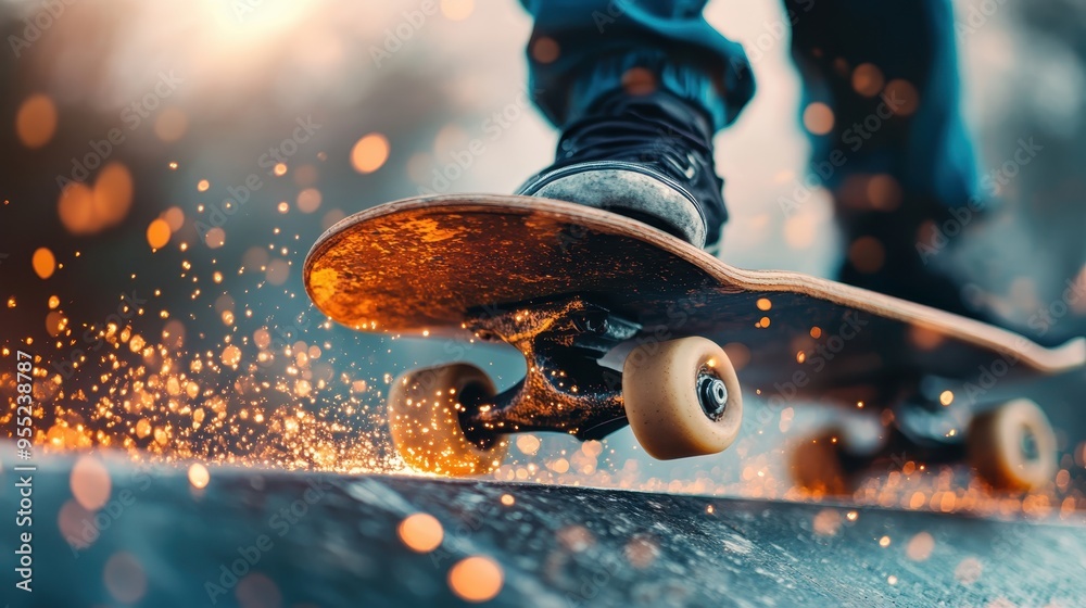 A skateboarder engaged in action generates spark trails of light as they maneuver their skateboard, epitomizing the excitement and freedom associated with this urban sport. A skateboarder engaged in action generates spark trails of light as they maneuver their skateboard, epitomizing the excitement and freedom associated with this urban sport.