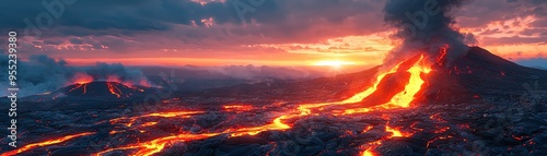 Stunning volcanic landscape at sunset, showcasing flowing lava and dramatic skies in vibrant colors.