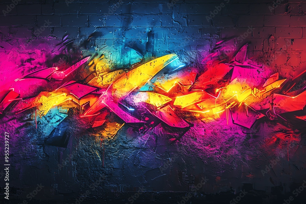 Fototapeta premium Vibrant graffiti artwork with dynamic colors illuminating a textured wall, creating an energetic urban vibe.